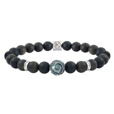 Bracelet homme obsidienne dorée et perle de Tahiti gravée - M