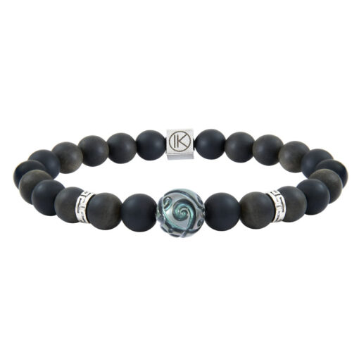 Bracelet homme obsidienne dorée et perle de Tahiti gravée - M