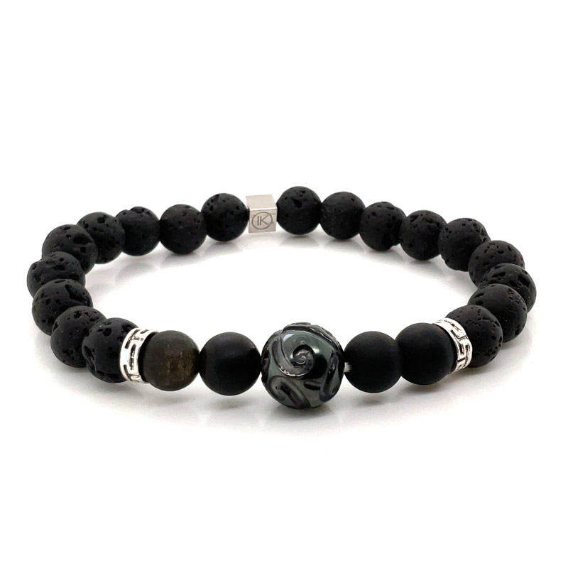 Bracelet homme pierre de lave, obsidienne, perle de Tahiti gravée - L