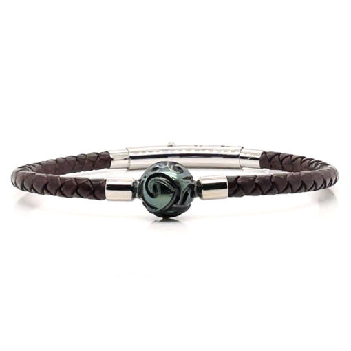 Bracelet homme cuir perle de Tahiti gravée – L – Image 2