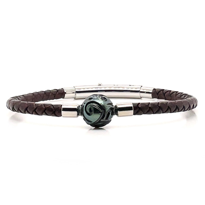 Bracelet homme cuir perle de Tahiti gravée - M