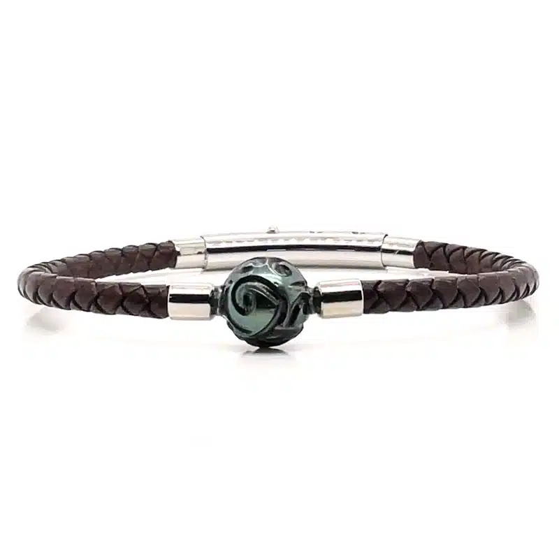 Bracelet homme cuir perle de Tahiti gravée - M
