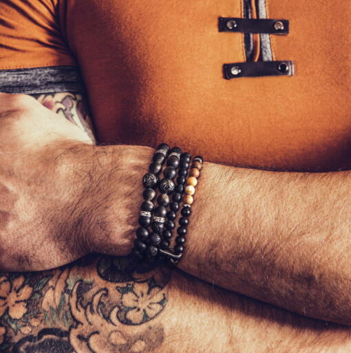 Bracelet homme obsidienne dorée et perle de Tahiti gravée - L