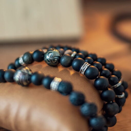 Bracelet homme obsidienne dorée et perle de Tahiti gravée - L – Image 3