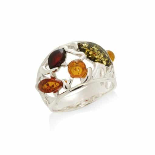 Bague ambre multicolore et argent