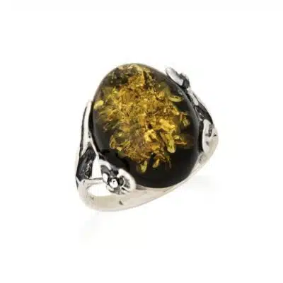 Bague ambre vert et argent - 56
