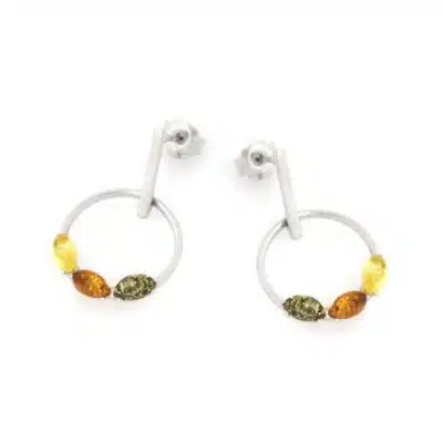 Boucles d’oreilles ambre multicolore et argent