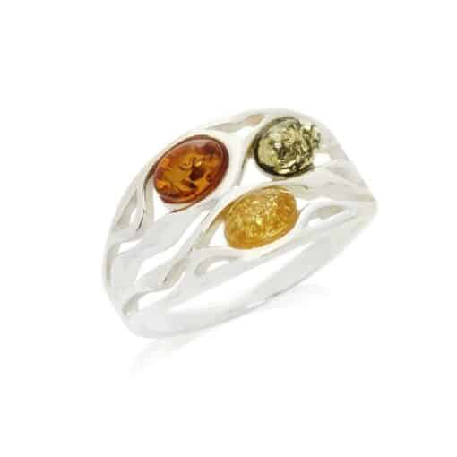 Bague ambre multicolore et argent