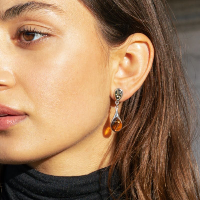 Boucles d’oreilles ambre multicolore et argent