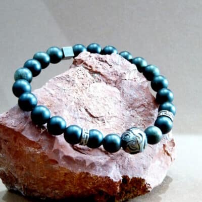 Bracelet homme obsidienne dorée et perle de Tahiti gravée - L