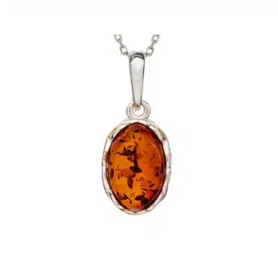 Petit pendentif ambre cognac ovale et argent rhodié