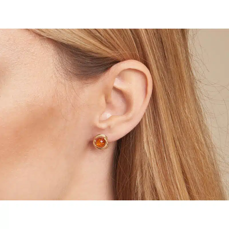 Boucles d'oreilles ambre cognac argent doré – Image 2