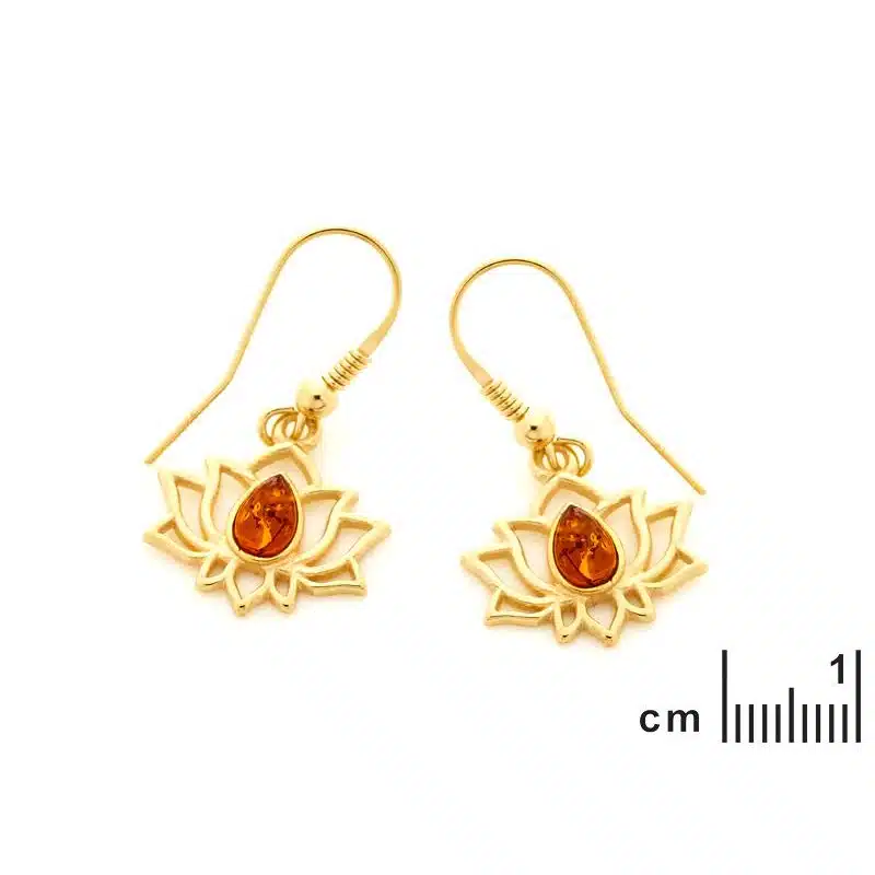 Boucles d'oreilles ambre argent doré lotus – Image 2
