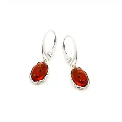 Boucles d'oreilles pendantes ambre cognac ovale et argent rhodié