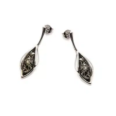 Boucles d'oreilles pendantes ambre vert et argent rhodié