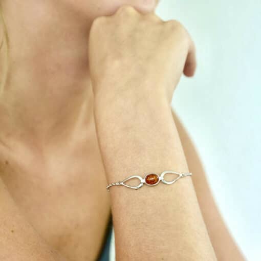Bracelet ambre cognac ovale argent rhodié – Image 2