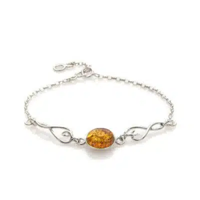 Bracelet ambre cognac ovale motif argent rhodié