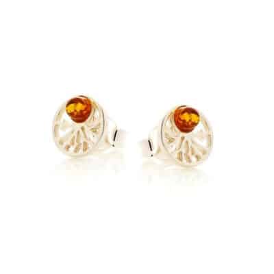 Clous d'oreilles arbre de vie ambre cognac argent rhodié