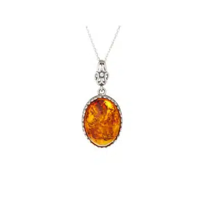 Pendentif ambre cognac ovale et argent rhodié