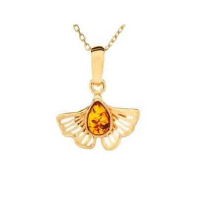 Pendentif ambre argent doré ginkgo