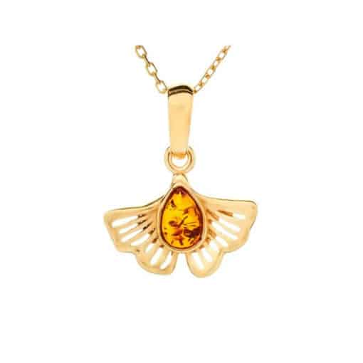Pendentif ambre argent doré ginkgo