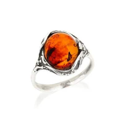 Bague ambre cognac et argent