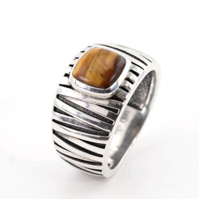 Bague homme œil de tigre et argent - 62
