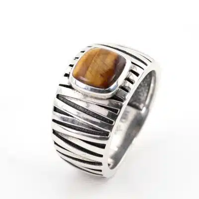 Bague homme œil de tigre et argent - 62
