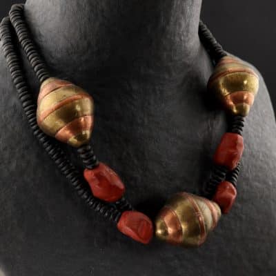 Collier création jaspe rouge, cuivre, bois